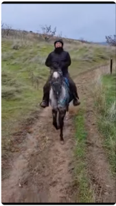 Video snippet of Valdasue riding Dottie on a trail. YouTube video at link